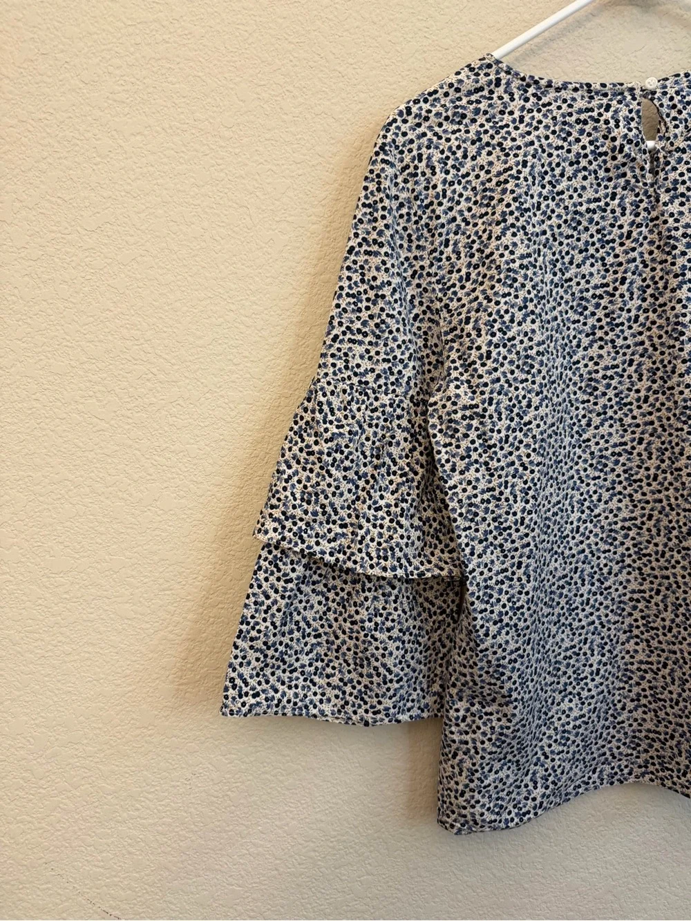 J. Crew Blue and White Ditsy floral Tiered Bell Sleeve Blouse Sz 8